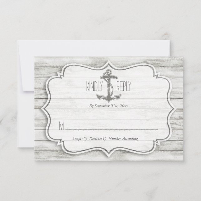 Nautical Whitewashed Wood Beach Wedding Collection RSVP Card (Front)