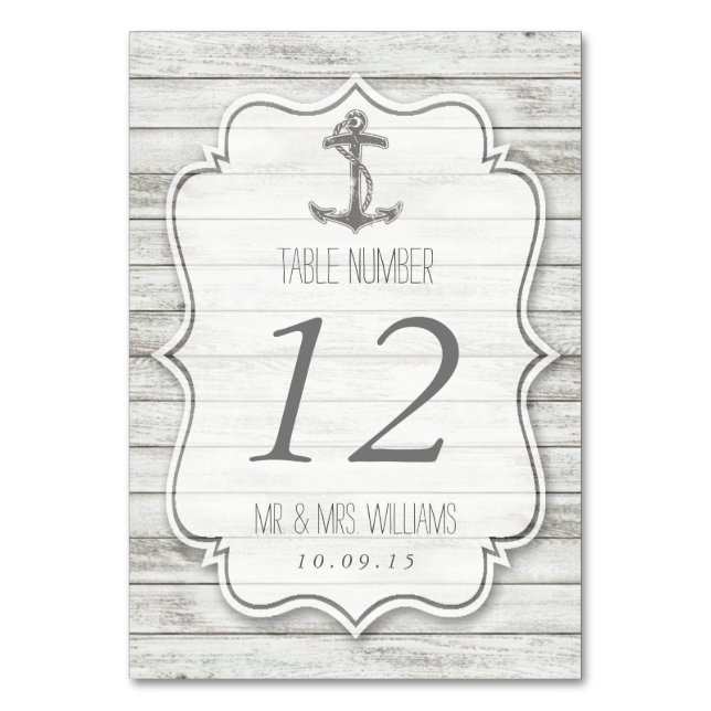 Nautical Whitewashed Wood Beach Wedding Collection Table Number (Front)