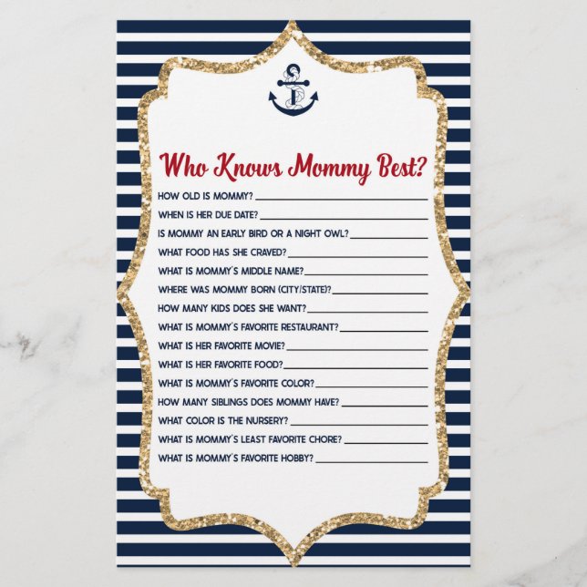 Nautical Who Knows Mommy Baby Shower Game Stationery (Front)