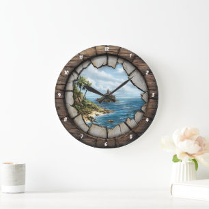 Nautical Window Island Escape Rustic Coastal Large Clock