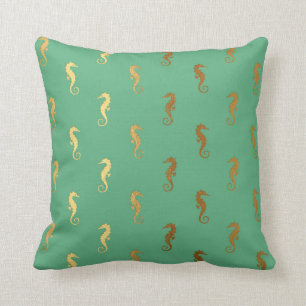 Nautical Yacht Club Mint Green Golden Seahorses Throw Pillow