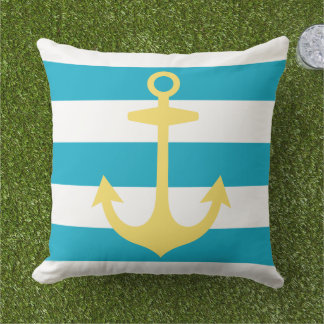 Nautical Yellow Anchor with Caribbean Blue Stripes Throw Pillow
