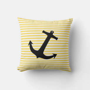 Nautical Yellow Stripe With Anchor Throw Pillow