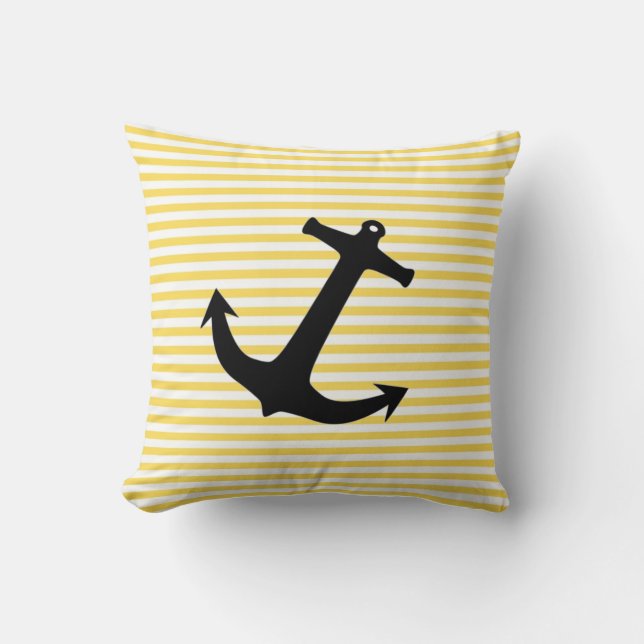 Nautical Yellow Stripe With Anchor Throw Pillow (Front)