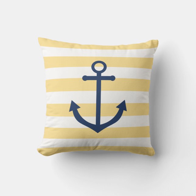 Nautical yellow striped pillow with navy anchor (Front)