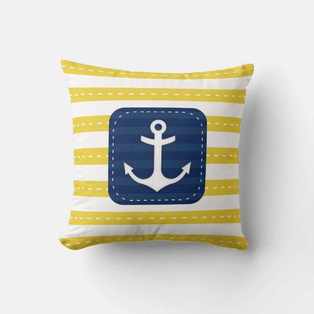 Nautical Yellow Stripes Navy Blue Banner  Anchor Throw Pillow (Front)