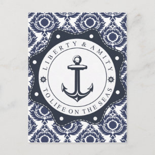 Nautico y motivo damasco azul y blanco, postcard