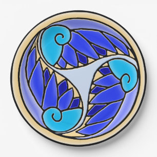 Nautilus and Palm Leaves - 3 Blues, Yellow, Black Paper Plate