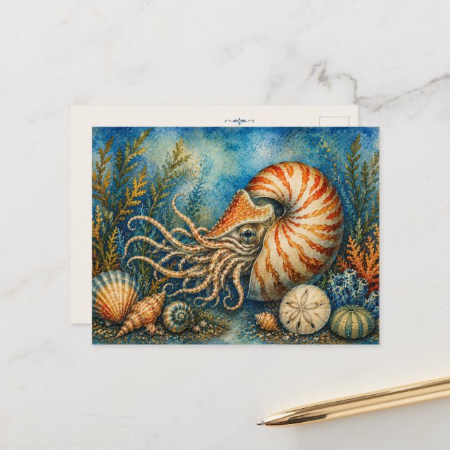 Nautilus Ocean Watercolour Inspired Post Card (Front/Back In Situ)