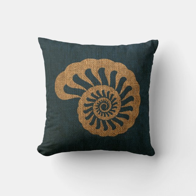Nautilus Sea Shell in Rustic Deep Blue Throw Pillow (Front)
