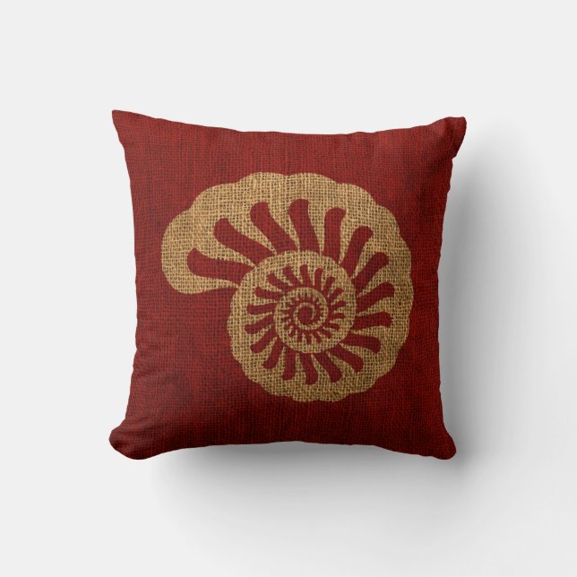 Nautilus Sea Shell in Rustic Nautical red Throw Pillow (Front)