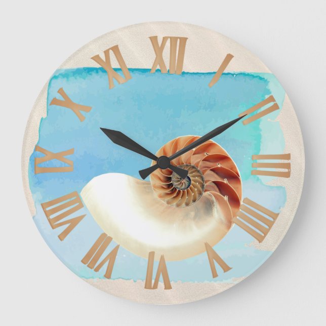 Nautilus Seashell and Sand  Large Clock (Front)