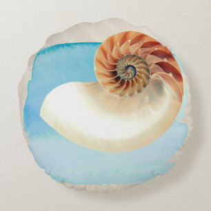 Nautilus Seashell and Sand  Round Pillow