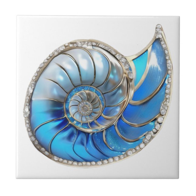 Nautilus seashell ocean blue 3D diamond shimmer Tile (Front)