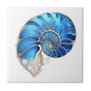 Nautilus seashell ocean blue 3D shimmer beach Tile