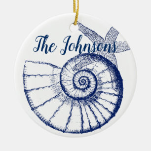 Nautilus Seashell & Starfish Marine Life Custom Ceramic Ornament