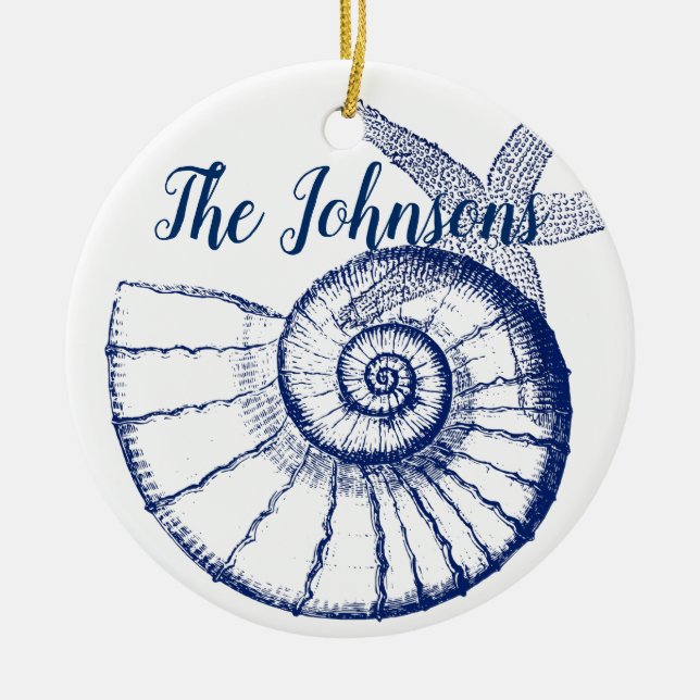 Nautilus Seashell & Starfish Marine Life Custom Ceramic Ornament (Front)