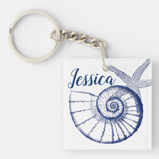 Nautilus Seashell & Starfish Marine Life Custom Keychain (Front)
