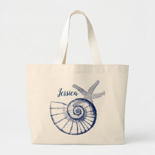 Nautilus Seashell & Starfish Marine Life Custom Large Tote Bag