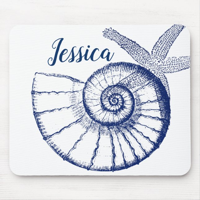 Nautilus Seashell & Starfish Marine Life Custom Mouse Pad (Front)