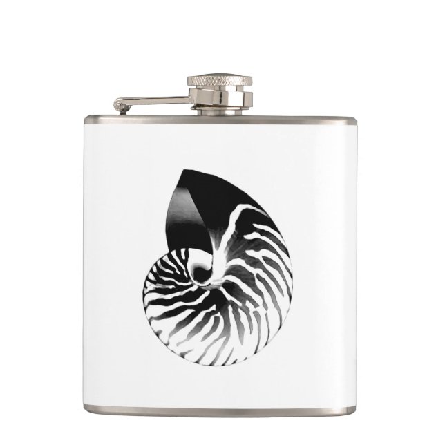 Nautilus shell - black, grey and white hip flask (Front)