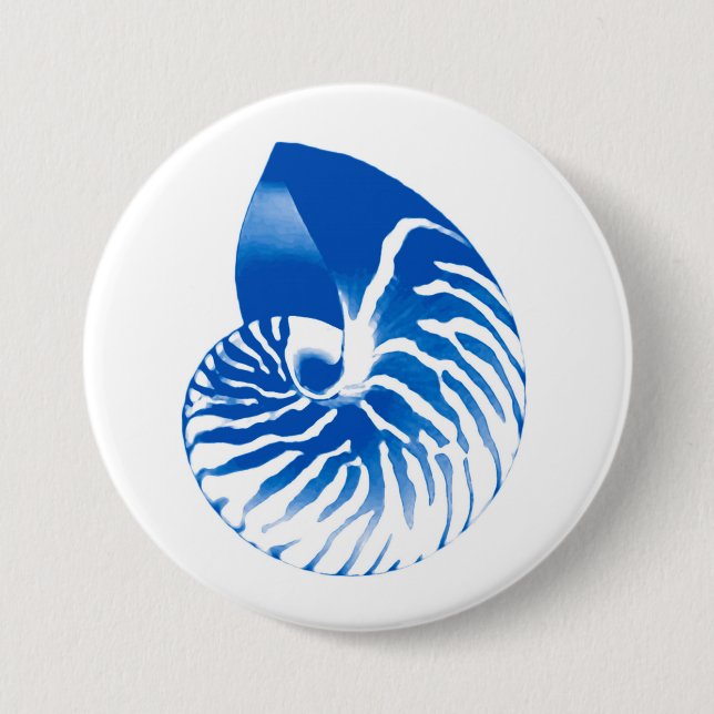 Nautilus shell - cobalt blue and white 3 inch round button (Front)