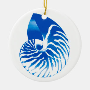 Nautilus shell - cobalt blue and white ceramic ornament