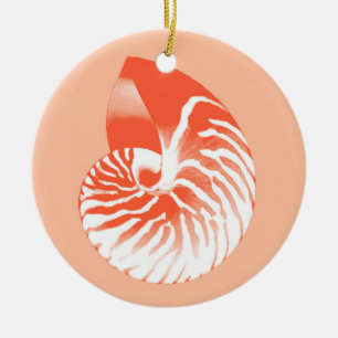 Nautilus shell - coral orange and white ceramic ornament