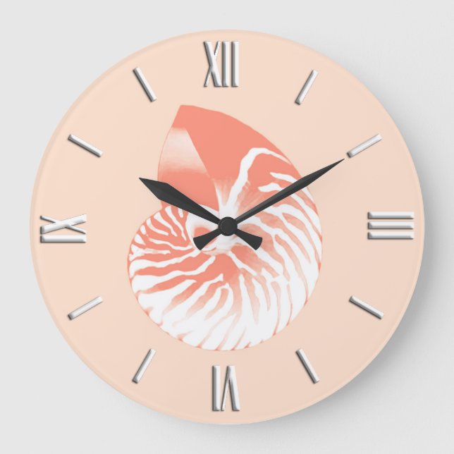 Nautilus shell - coral orange and white large clock (Front)