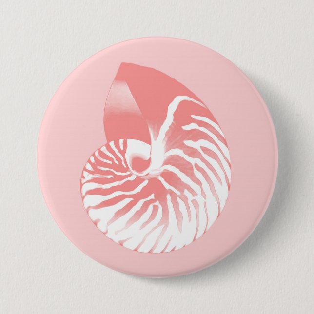 Nautilus shell - coral pink and white 3 inch round button (Front)