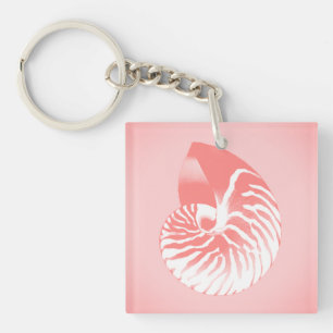 Nautilus shell - coral pink and white keychain