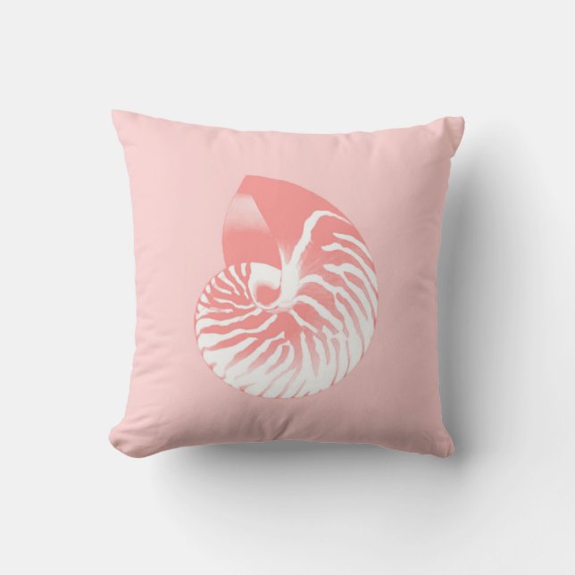 Nautilus shell - coral pink and white throw pillow (Front)
