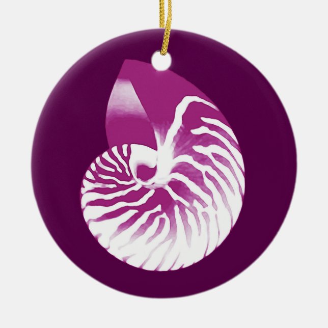 Nautilus shell - eggplant purple and white ceramic ornament (Front)