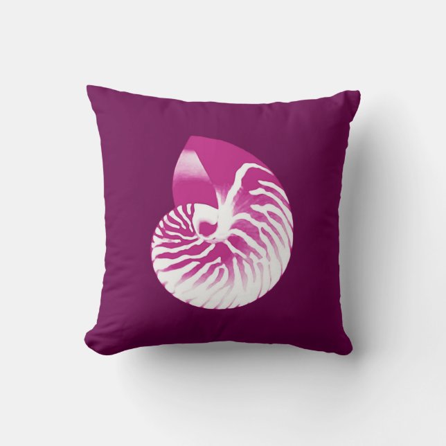 Nautilus shell - eggplant purple and white throw pillow (Front)