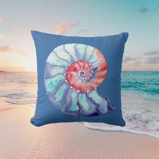 Nautilus Shell in Coral Blue and Grey on Blue Throw Pillow (Creator Uploaded)