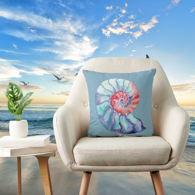 Nautilus Shell in Coral Blue Grey on Dark Aqua Throw Pillow (Creator Uploaded)