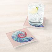 Nautilus Shell in Coral Blue Grey on Light Peach Glass Coaster (Angled)