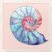 Nautilus Shell in Coral Blue Grey on Light Peach Glass Coaster (Front)