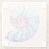 Nautilus Shell in Coral Blue Grey on Light Peach Glass Coaster (Back)