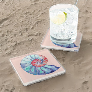 Nautilus Shell in Coral Blue Grey on Light Peach Glass Coaster
