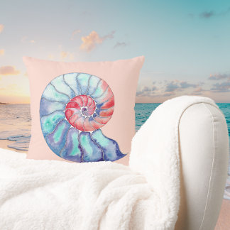 Nautilus Shell in Coral Blue Grey on Light Peach Throw Pillow