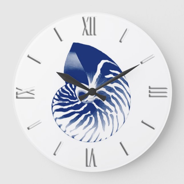 Nautilus shell - navy blue and white large clock (Front)