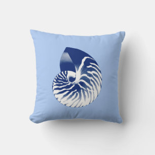 Nautilus shell - navy, white & light blue throw pillow