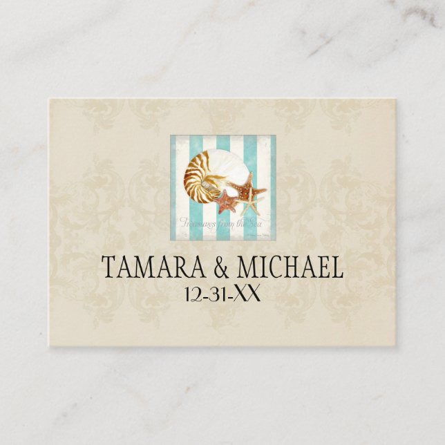 Nautilus Shell Ocean Striped Pattern Damask Beach Place Card (Front)