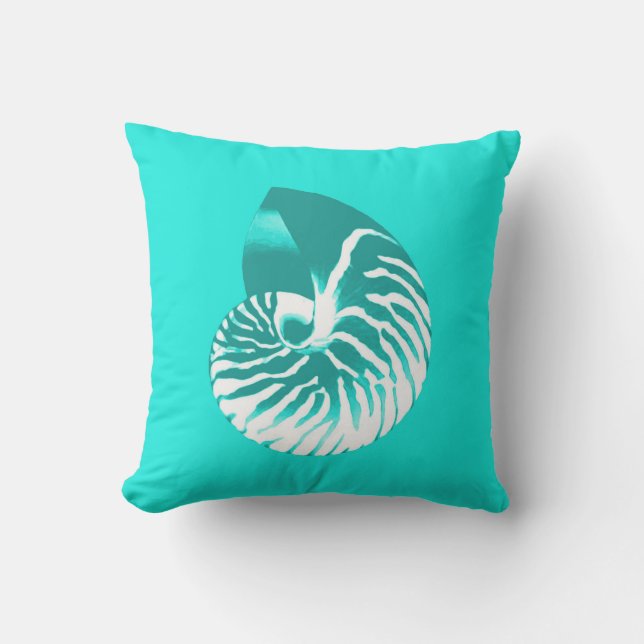 Nautilus Shell - Turquoise and Aqua Outdoor Pillow (Front)