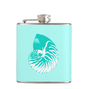 Nautilus shell - turquoise, aqua and white hip flask