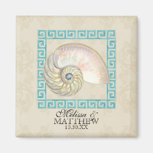 Nautilus Shell Watercolor Greek Key Damask Beach Magnet