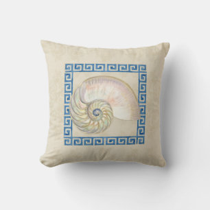 Nautilus Shell Watercolor Greek Key Damask Beach Throw Pillow