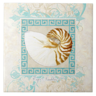 Nautilus Shell Watercolor Greek Key Damask Beach Tile