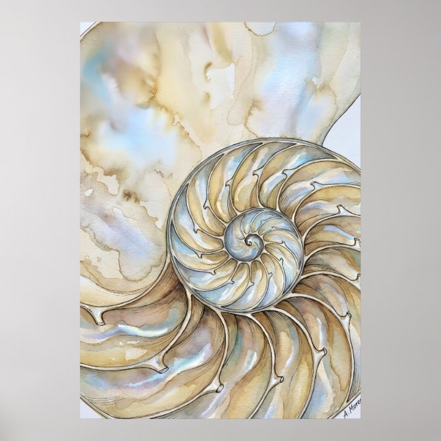 Nautilus Shell Watercolour Golden Spiral Ocean Art Poster (Front)